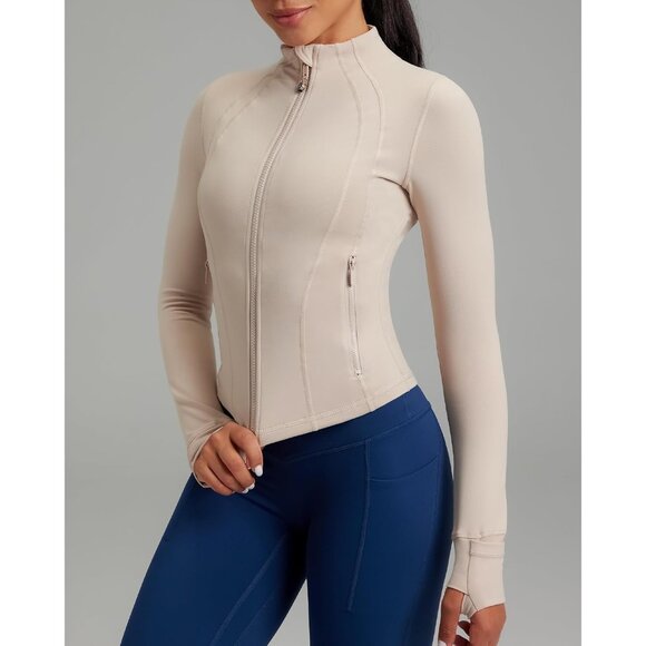 Brand New Women Almond Polyamide Zip Up BBL Fit Workout Yoga Jacket Long Sleeve - Picture 2 of 8